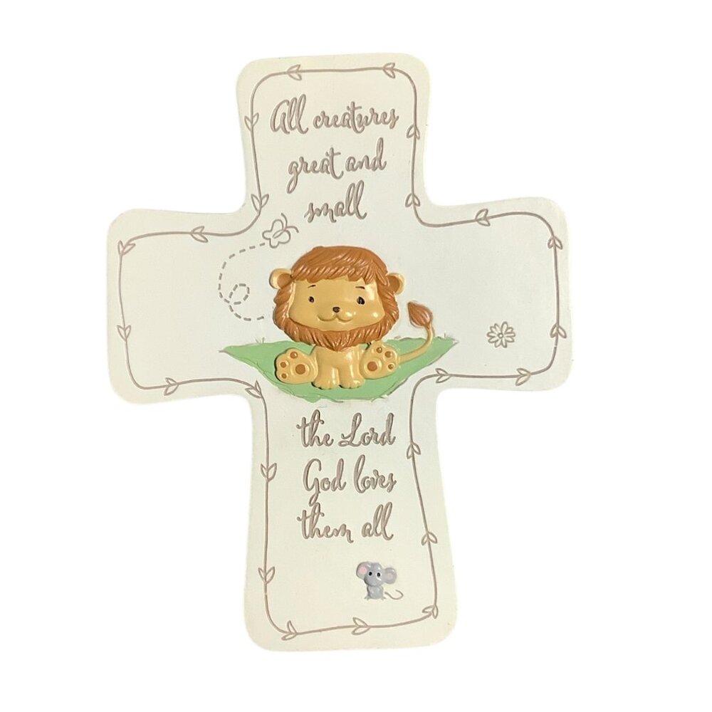 Roman Ceramic Wall Cross‎ Lion Mouse "All Creatures Great And Small" Baby Decor